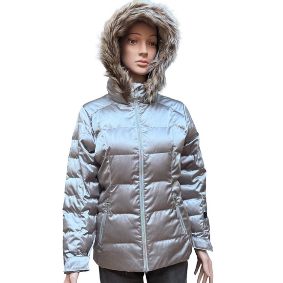 Spyder Silver Puffer Jacket Faux Fur Hooded Coat Juniors 14 - Picture 2 of 12